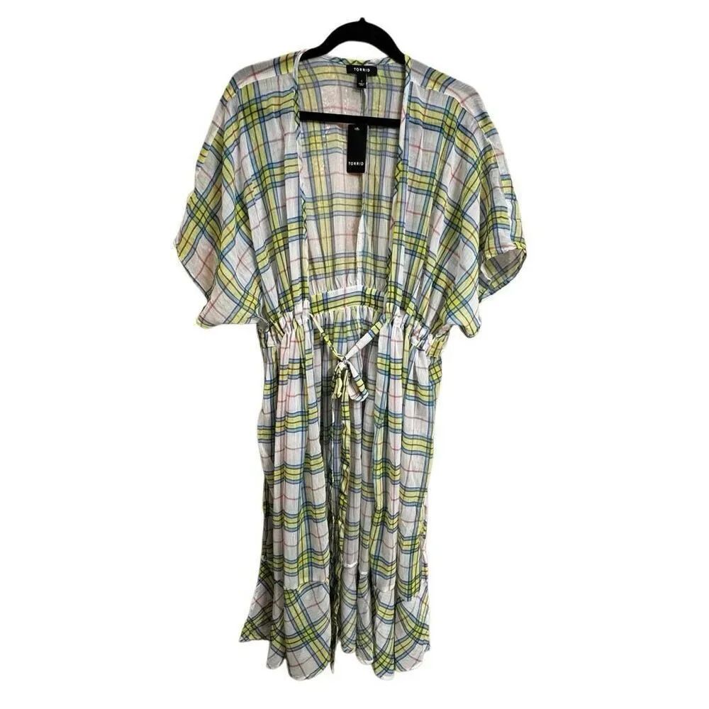 Torrid Plaid Colorful Sheer Spring Kimono Duster Kaftan Tie Waist 1X NWT